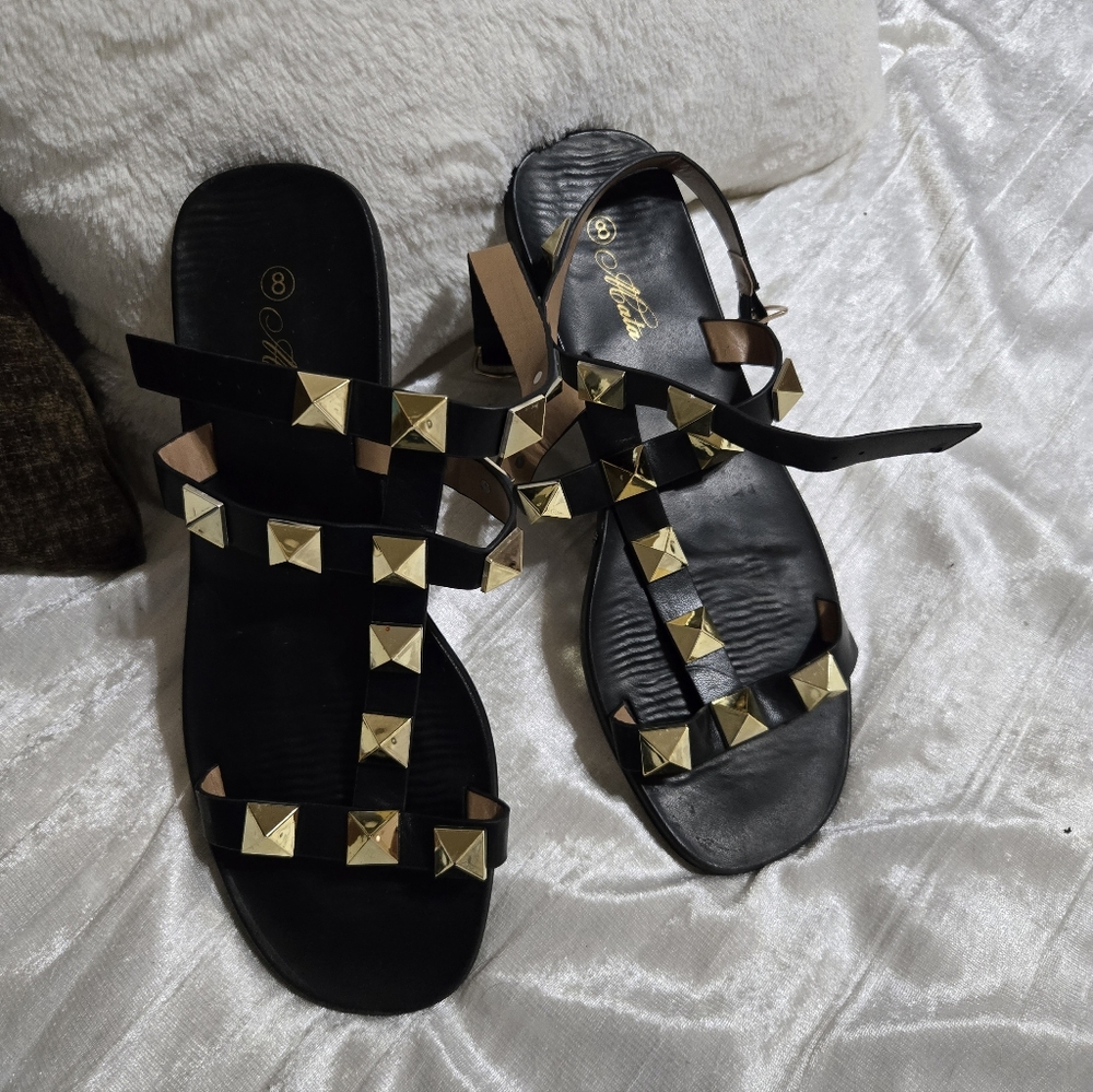 Mata Black Sandals with Gold Studs Size 8 NWOB - Picture 2 of 4
